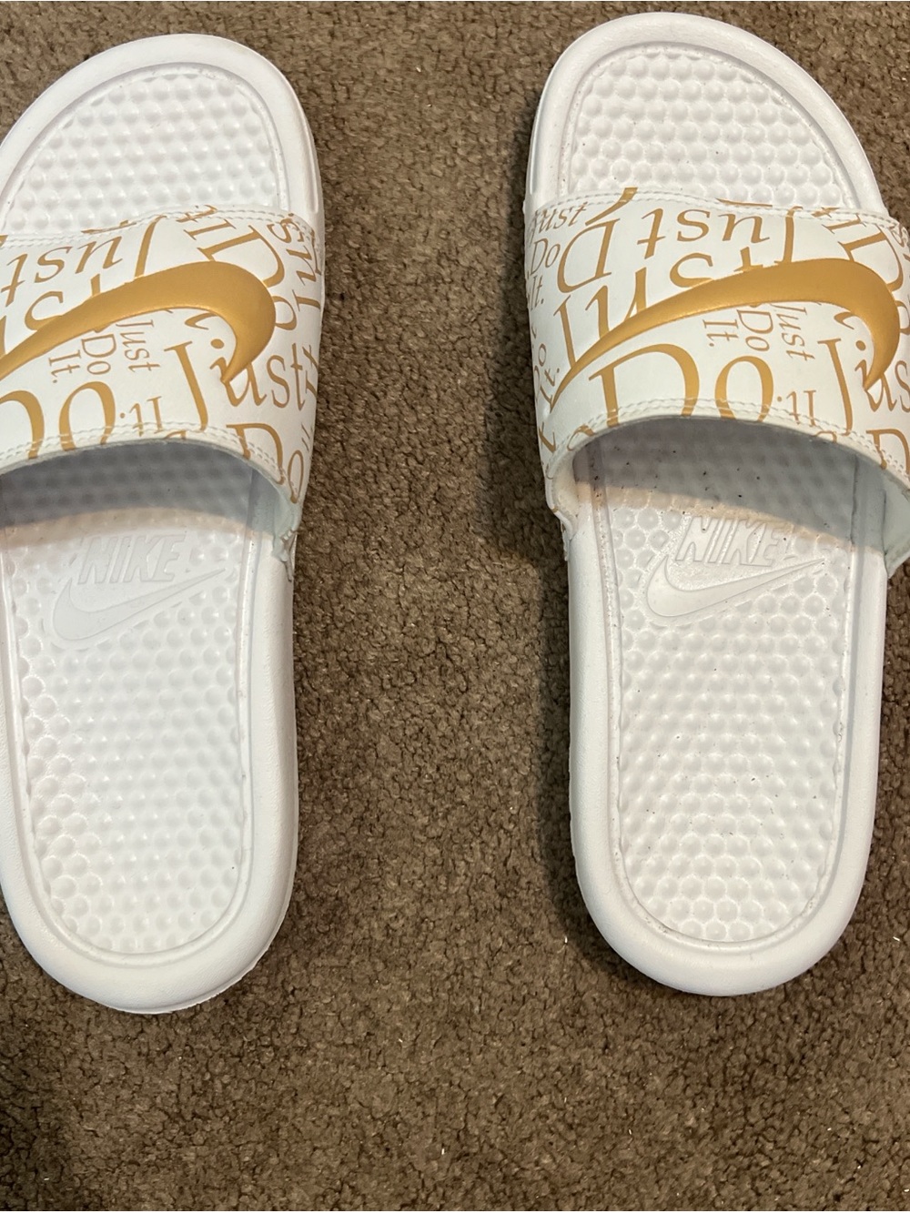 Nike White and Gold Slide Sandals